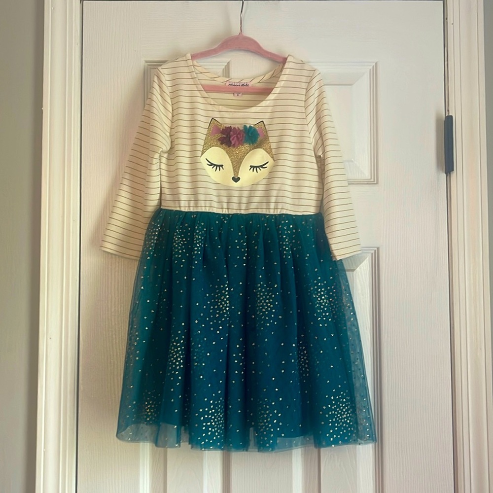 Toddler Girl Dress, Fox Cartoon Pattern,Cotton long sleeve,  tulle bottom,Size 5